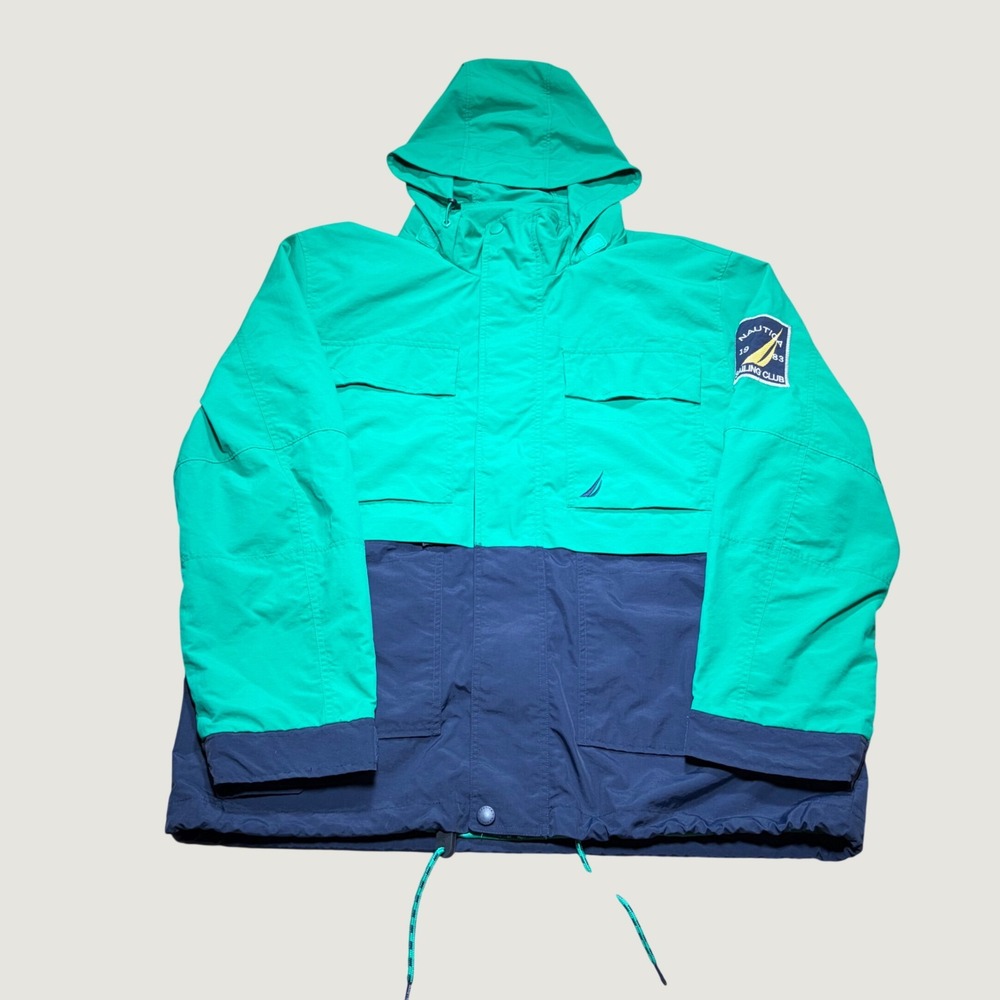 Nautica Sailing Club Mens XL Green Blue Hooded Jacket Water Resistant JR3501